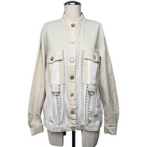 Sunny Sport Linen Blend Crochet Shirt Jacket Vintage Beige Button Front Women